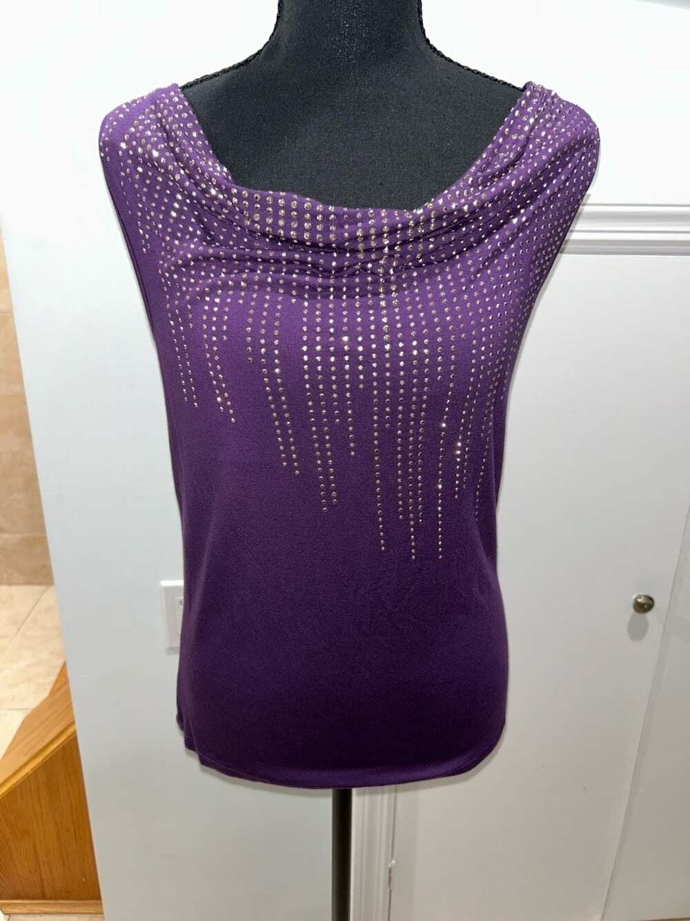 August Silk Tank Top Size PS Purple Rhinestone Embellished Cowl Neck